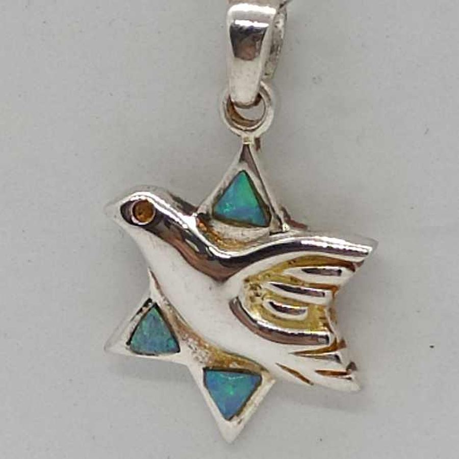Handmade sterling silver dove shape Magen David star pendant set with 3 opalites stones. Dimension 1.8 cm X 2.75 cm X 0.25 cm approximately.