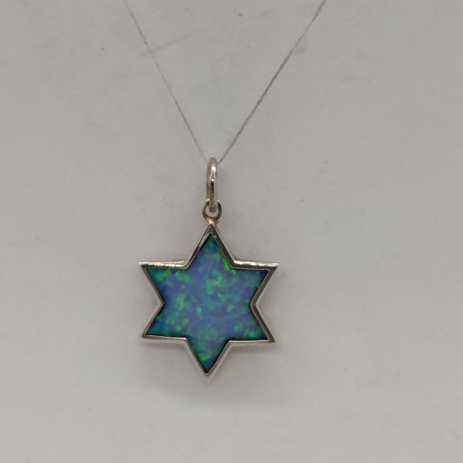 Handmade sterling silver Magen David star Opalite shaped carved stone flamboyant fire colors. Dimension 1.8 cm X 2.6 cm X 0.25 cm.