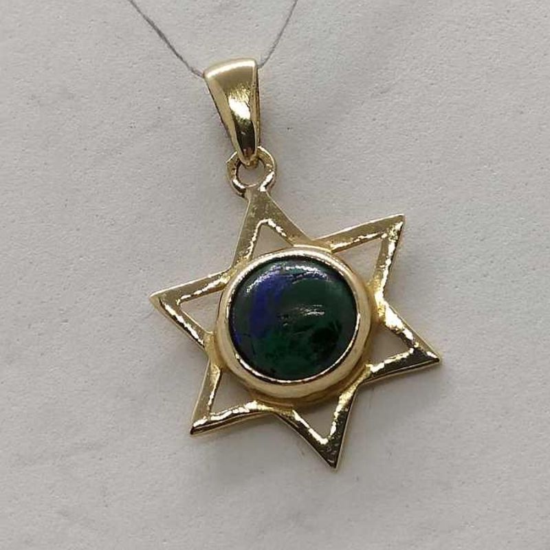 Handmade 14 Carat yellow gold Magen David star pendant big Azurite round stone set in center classic star 1.75 cm X 2.8 cm X 0.4 cm.