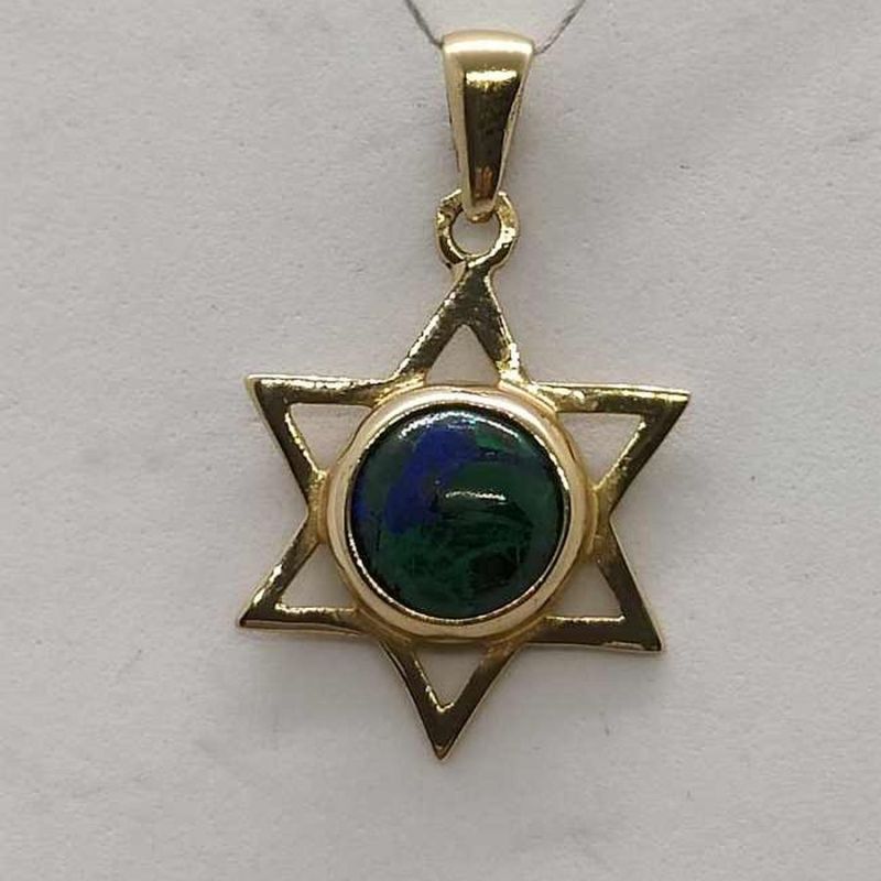 Handmade 14 Carat yellow gold Magen David star pendant big Azurite round stone set in center classic star 1.75 cm X 2.8 cm X 0.4 cm.