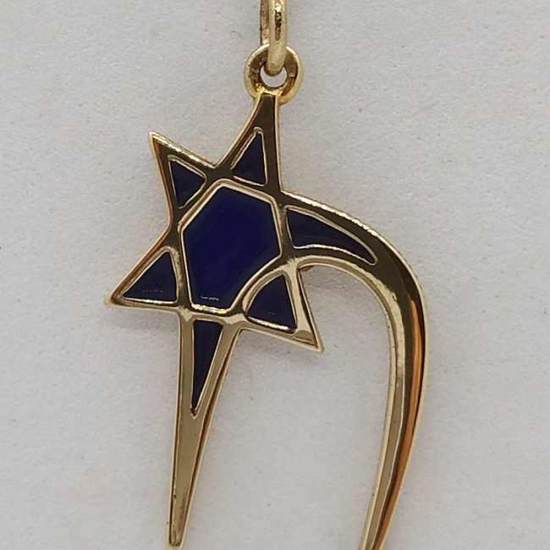 14 Carat Gold MagenDavid Hay blue enamel star and the Hay is in center of star. Dimension 1.6 cm X 2.9 cm X 0.1 cm approximately.