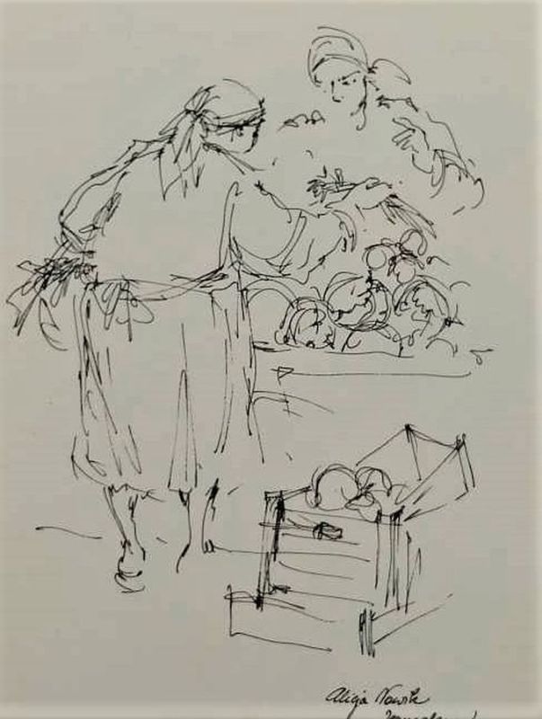 Hand painted pencil drawing on paper by A.Nowik of an orthodox Jewish Woman Shopping Drawing selling cabbage to another Jewish woman.