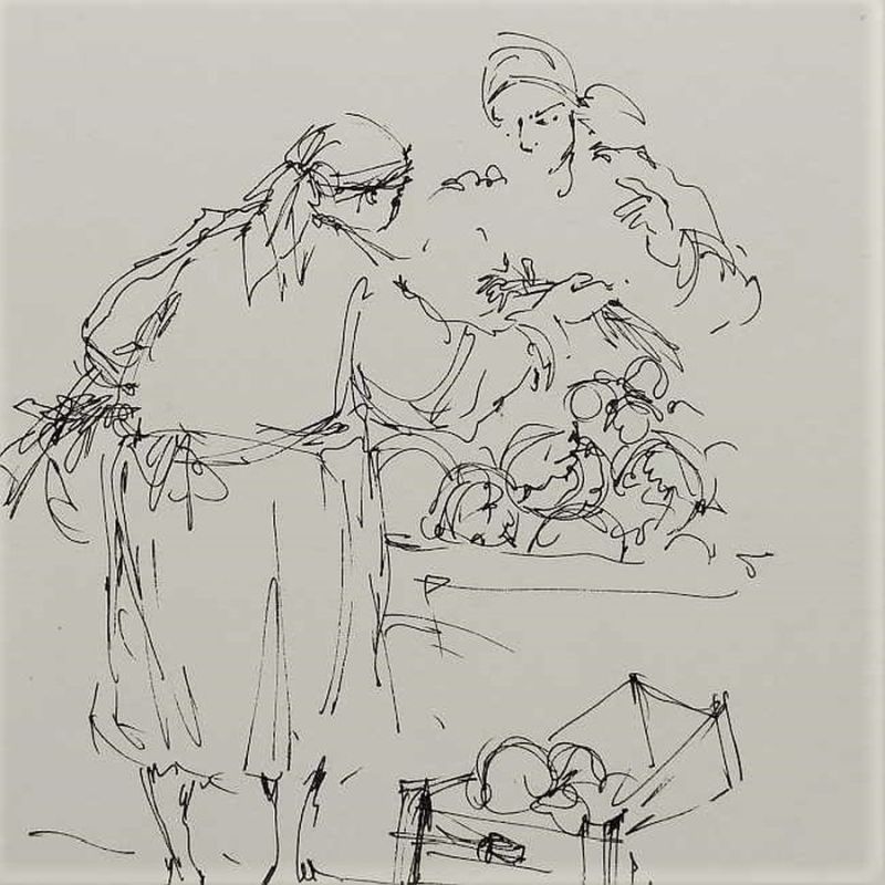 Hand painted pencil drawing on paper by A.Nowik of an orthodox Jewish Woman Shopping Drawing selling cabbage to another Jewish woman.