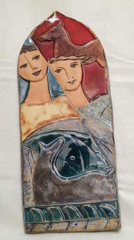 Handmade glazed ceramic tile Ruth Tile Horse Wolf where king David and Jonathan are surrounded with a red horse and a black wolf.