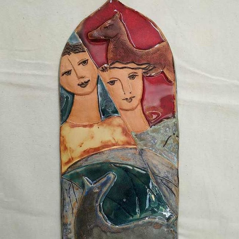 Handmade glazed ceramic tile Ruth Tile Horse Wolf where king David and Jonathan are surrounded with a red horse and a black wolf.