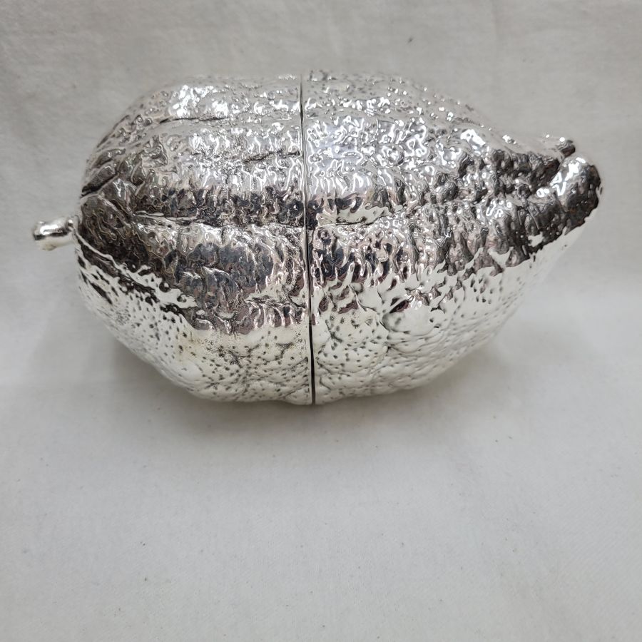 Handmade sterling silver Etrog box Etrog shape for the Sukkot feast of Tabernacles made by Samy Ghatan Katan from Jerusalem diameter 10 cm X 18 cm.