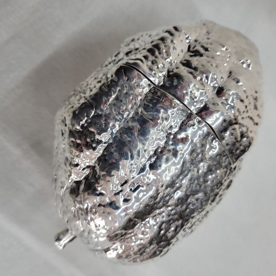 Handmade sterling silver Etrog box Etrog shape for the Sukkot feast of Tabernacles made by Samy Ghatan Katan from Jerusalem diameter 10 cm X 18 cm.