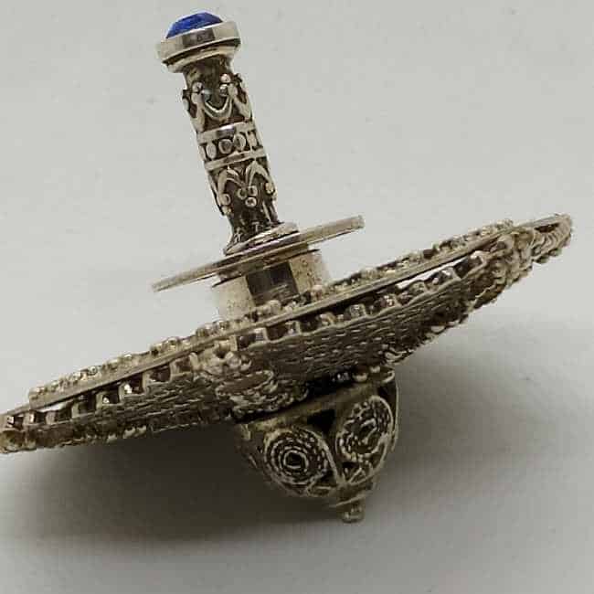 Dreidel Sterling Silver Sevivon fine Yemenite filigree set with blue crystal stone made by S. Ghatan ( Katan).Dimension diameter 3.6 cm X 3.2 cm.