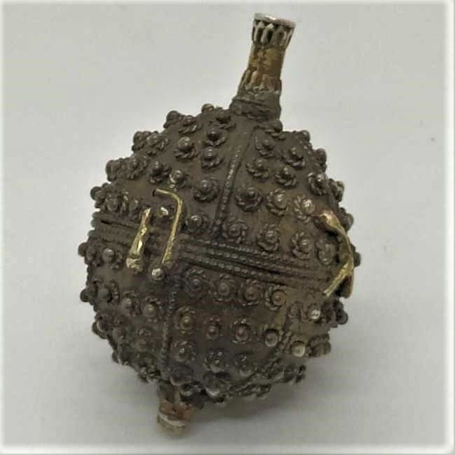 Handmade brass & silver Yemenite filigree Dreidel Vintage Hedgehog Shape made in Yemen and brought to Israel during 1950's.