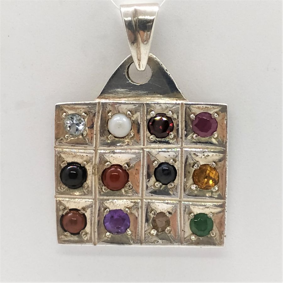 Pendant sterling silver Hoshen breast plate natural stones symbolizing the twelve tribes of Israel. Dimension 2.8 cm X 2.3 cm X 0.3 cm.
