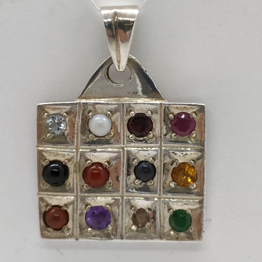 Pendant sterling silver Hoshen breast plate natural stones symbolizing the twelve tribes of Israel. Dimension 2.8 cm X 2.3 cm X 0.3 cm.