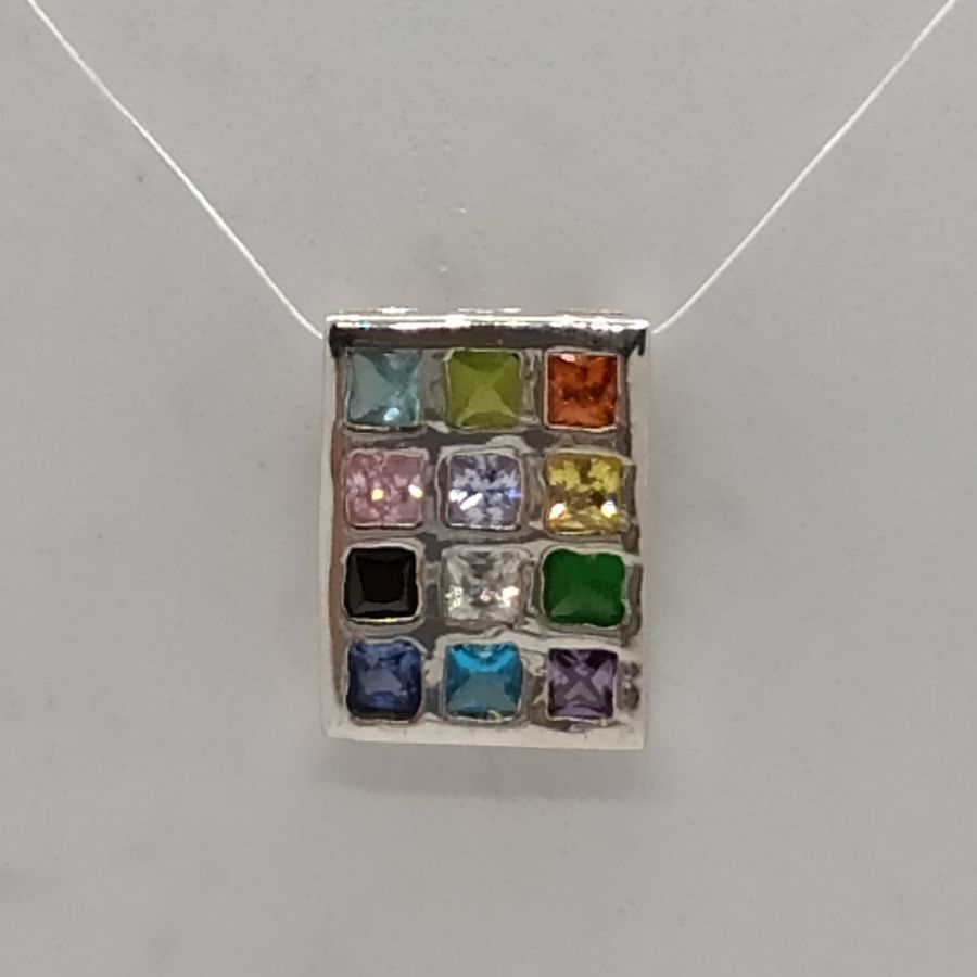 Handmade pendant sterling silver Hoshen breast plate Zircon bears stones symbolizing the twelve tribes of Israel. Dimension 1.2 cm X 1.4 cm X 0.3.