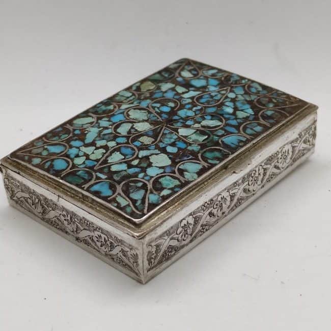 Vintage Tobacco Box Silver. Vintage handmade silver tobacco box set with genuine turquoises .Dimension 4.2 cm X 6.2 cm X 1.2 cm approximately.