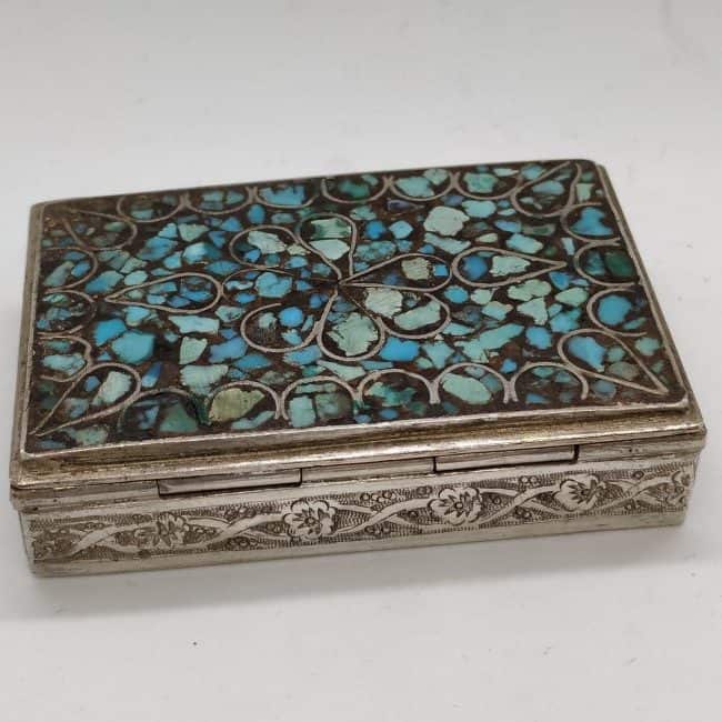 Vintage Tobacco Box Silver. Vintage handmade silver tobacco box set with genuine turquoises .Dimension 4.2 cm X 6.2 cm X 1.2 cm approximately.