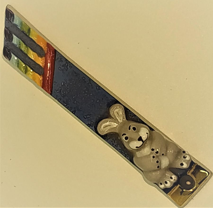 Handmade Mezuzah fine ceramic glazed with rabbit & rainbow. Dimension 1.8 cm X 12 cm approximately.