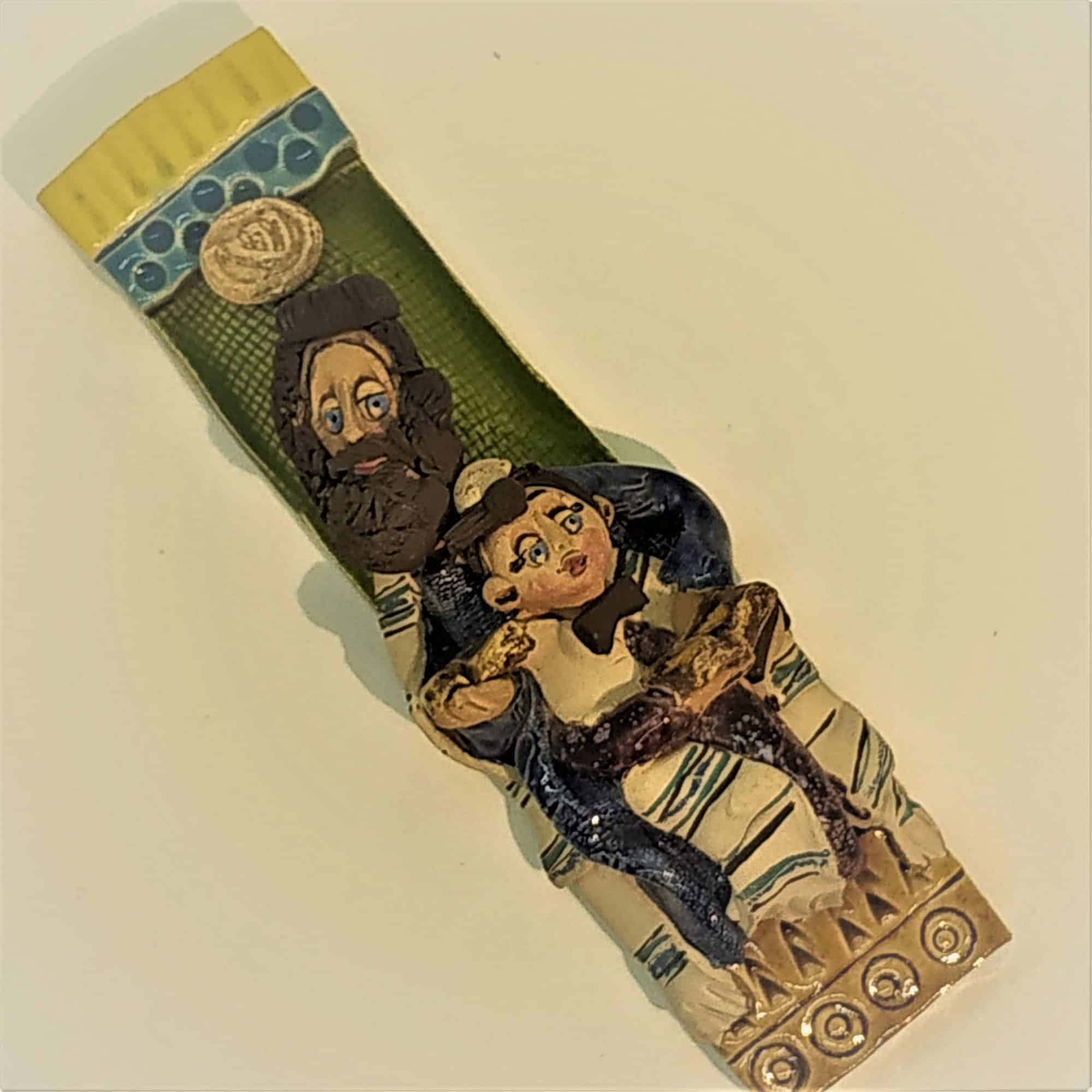 Mezuzah Ceramic Bar Mitzvah .Handmade glazed ceramic Mezuzah by Marina. On it she carved a bar mitzvah boy with father at Torah reading.Dimension 4 cm X 15.5