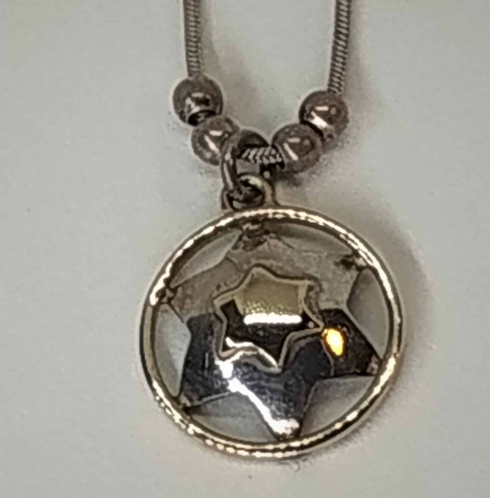Silver Magen David Star Pendant Gold Frame handmade contemporary star with chain. The jeweler has added gold frame around the gold and silver star.