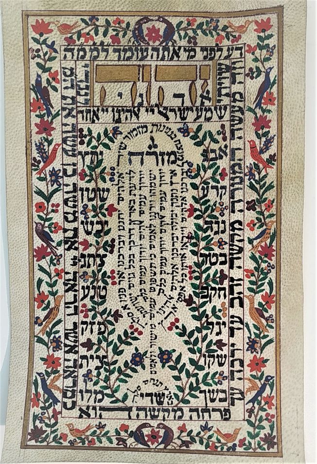 Vintage Water Color Painting Parchment Shivity. Vintage handmade Shivity parchment from the middle East. The menorah is made with the 8 phrases from Psalm.