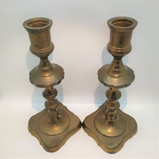 Vintage handmade brass Sabbath candlesticks in magnificent condition made in East Europe early 20th century (probably Poland).