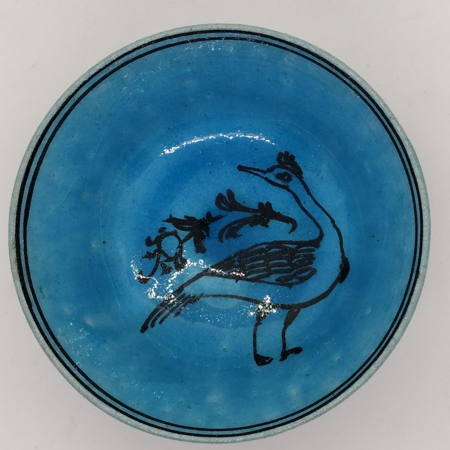 Vintage handmade blue glazed ceramic peacock bowl made in Middle East early 20th century. Dimension diameter 12.8 cm X 8 cm .