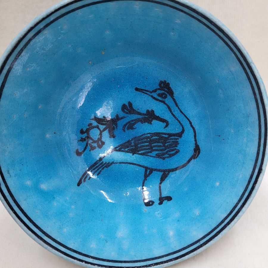 Vintage handmade blue glazed ceramic peacock bowl made in Middle East early 20th century. Dimension diameter 12.8 cm X 8 cm .