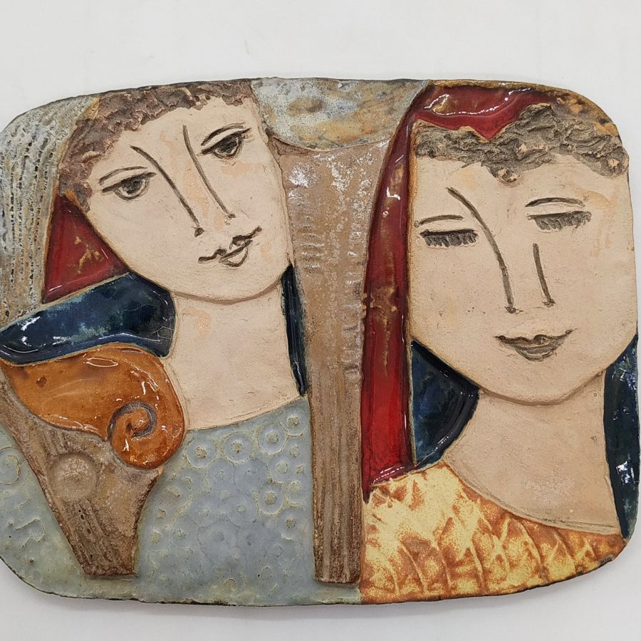 Handmade round glazed ceramic tile Bathsheba dreaming ceramic tile of king David playing music with famous harp. Dimension 18.cm X 14.7 cm.