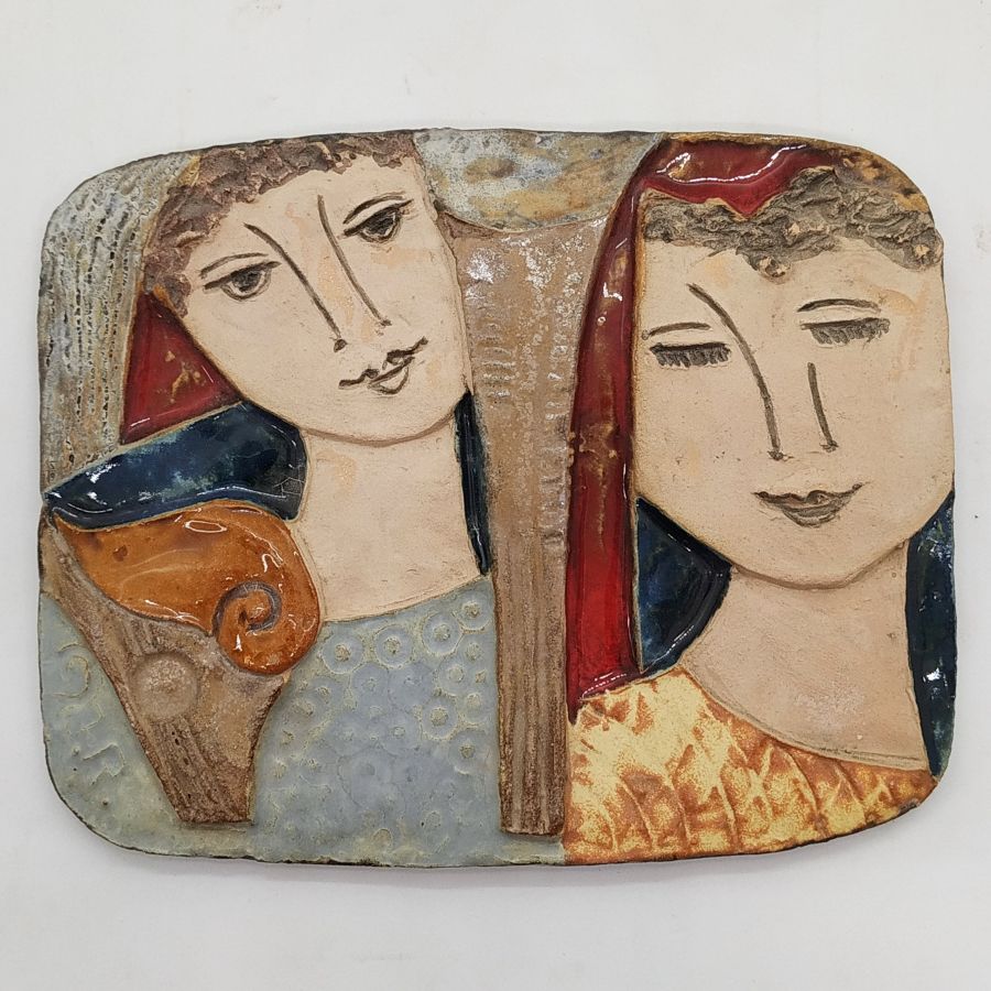 Handmade round glazed ceramic tile Bathsheba dreaming ceramic tile of king David playing music with famous harp. Dimension 18.cm X 14.7 cm.