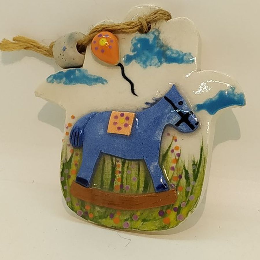 Ceramic Hamsa Blue Horse glazed and handmade by Raheli with blue horse .Hamsa is considered as an amulet to protect from the evil eye.