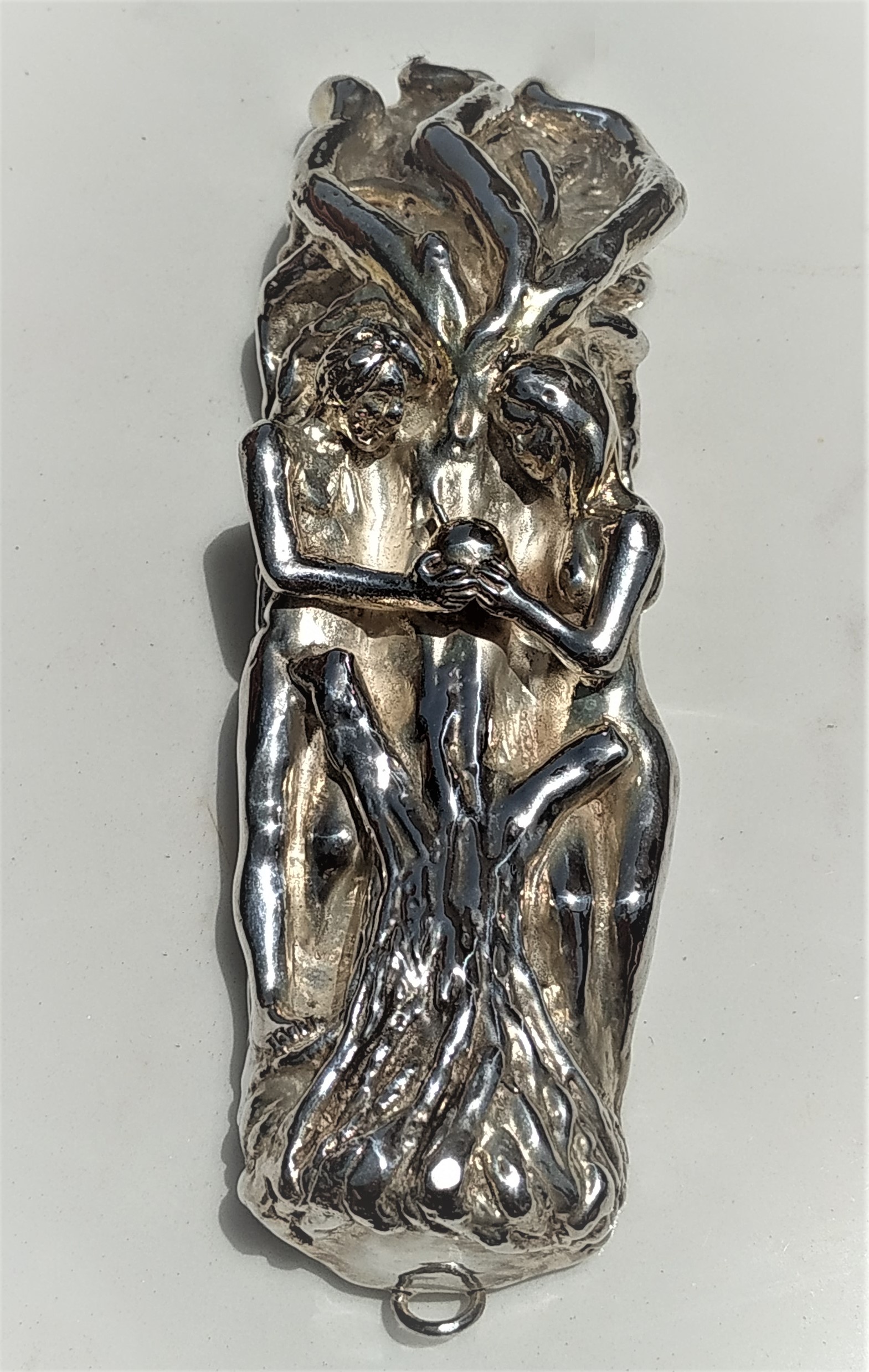 Handmade sterling Silver Mezuzah Adam Eve contemporary design of Adam and Eve eating the apple. Suitable for parchment up to 11 cm.