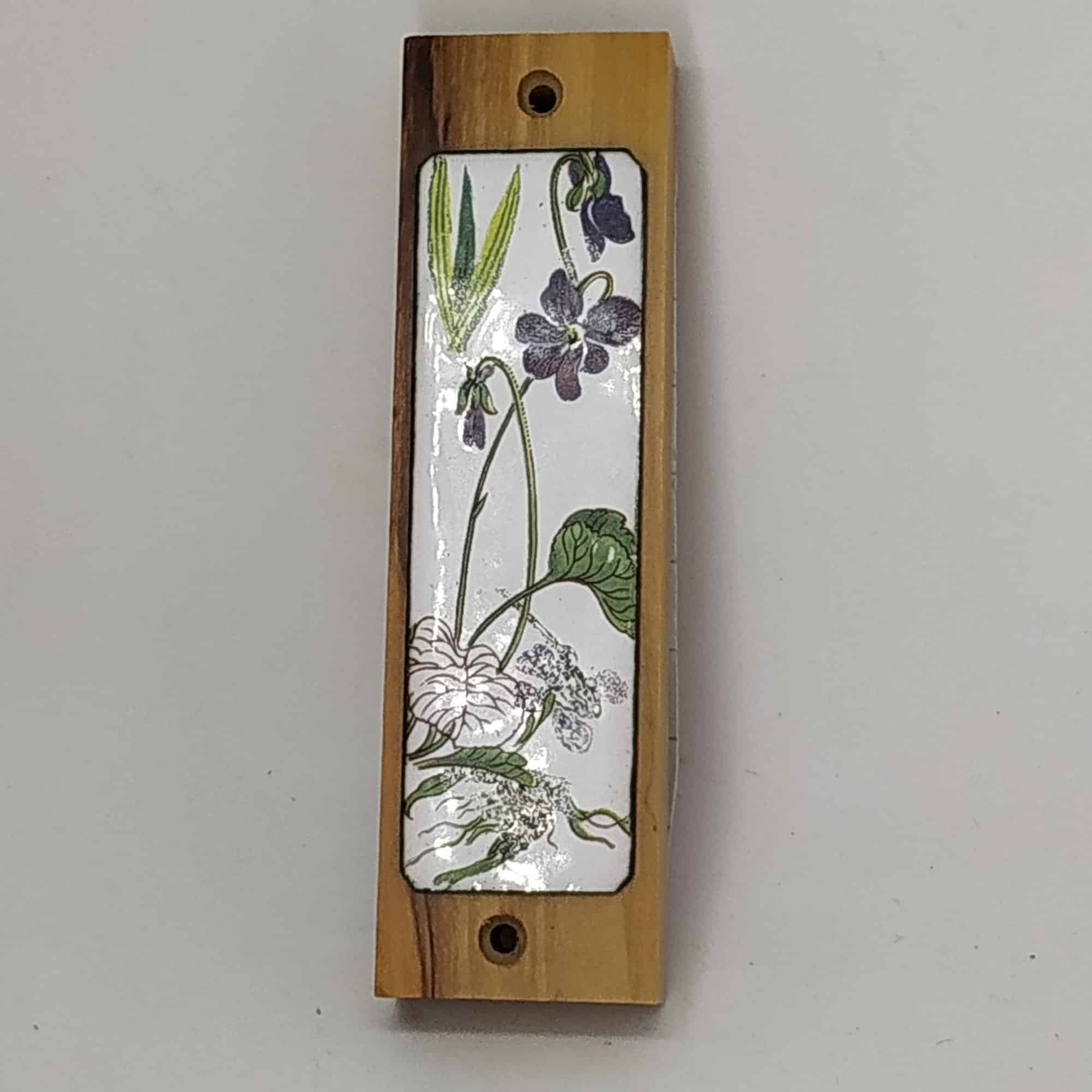Olive Wood Mezuzah Violet Flowers Enameled - Image 2