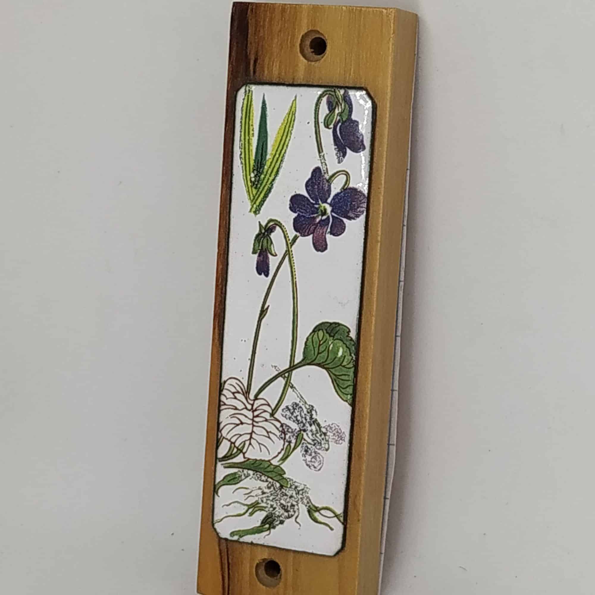Olive Wood Mezuzah Violet Flowers Enameled - Image 4