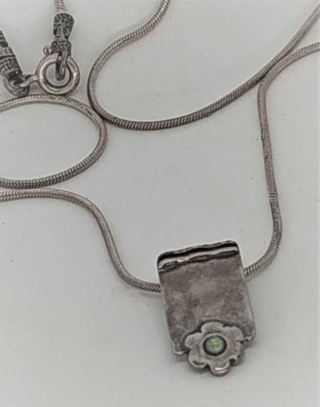 Handmade sterling silver Snake chain and Necklace Silver Flower Opalite stone set in. Dimension chain length 40 cm , pendant 2 cm X 1 cm approximately.