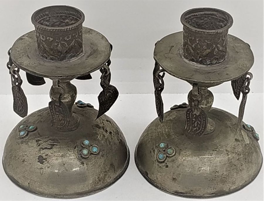 Vintage Mideast Silver Candlesticks made in the middle east end of 19th century. Low silver candlesticks set with real turquoise stones.
