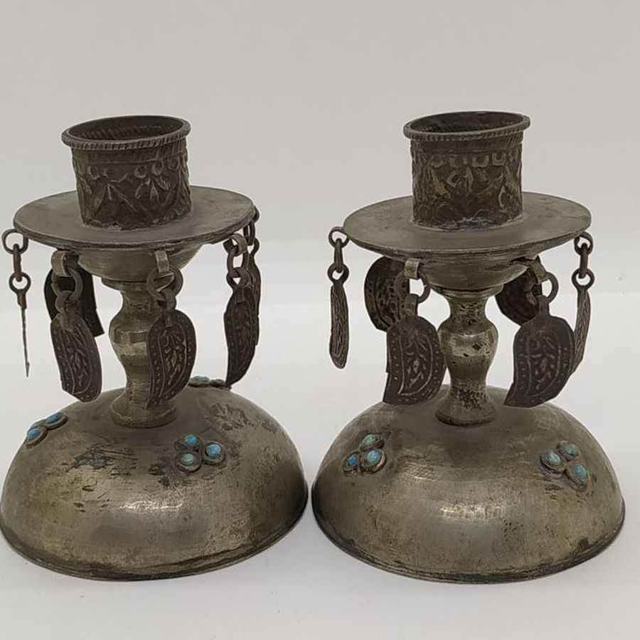 Vintage Mideast Silver Candlesticks made in the middle east end of 19th century. Low silver candlesticks set with real turquoise stones.