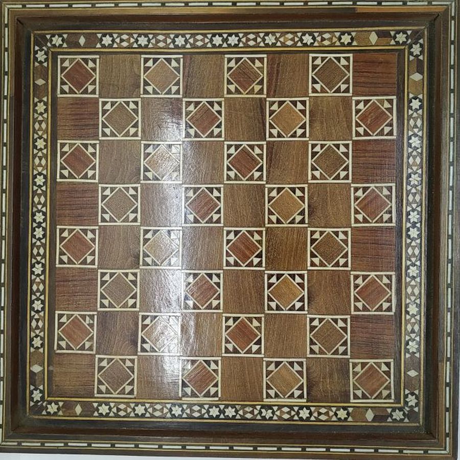 Vintage Handmade Chess Board Mosaic Wood from the middle east 1940's.Perfect condition. Dimension 28.4 cm X 28.4 cm approximately.