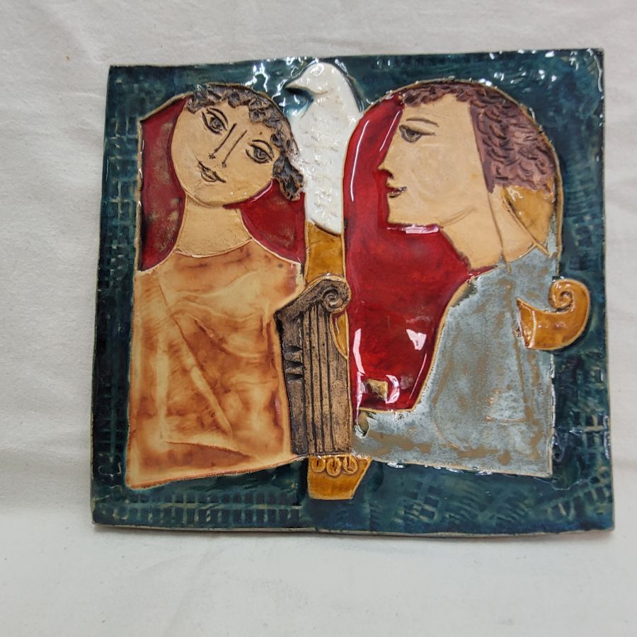 Handmade glazed ceramic tile King David offers to Bathsheba a dove, and Bathsheba enjoys it very much. Dimension 24.5 cm X 24 cm approximately.
