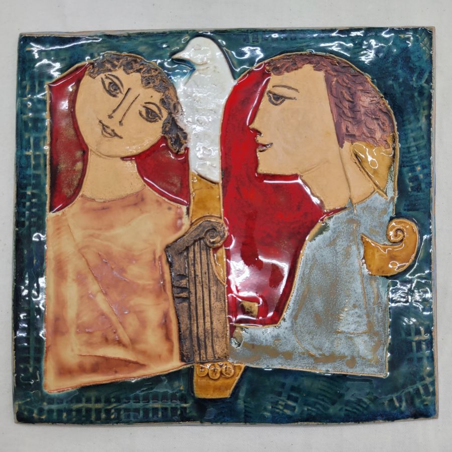 Handmade glazed ceramic tile King David offers to Bathsheba a dove, and Bathsheba enjoys it very much. Dimension 24.5 cm X 24 cm approximately.
