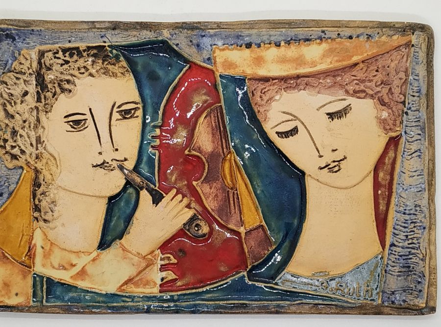 Handmade glazed ceramic Tile Jonathan Playing Flute made by the famous ceramicist Ruth Factor. Dimension 16 cm X 24 cm approximately.