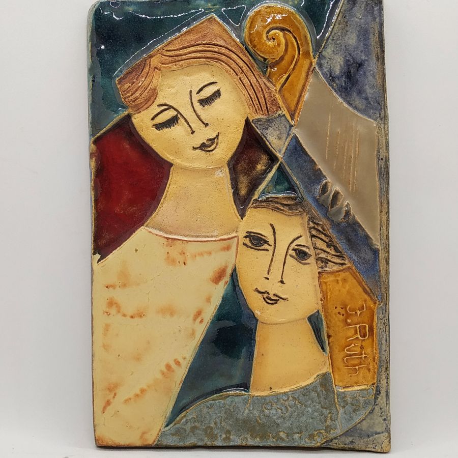 Handmade glazed ceramic tile Bathsheba enjoys David's music ,King David playing his favorite music with harp, Bathsheba enjoying.