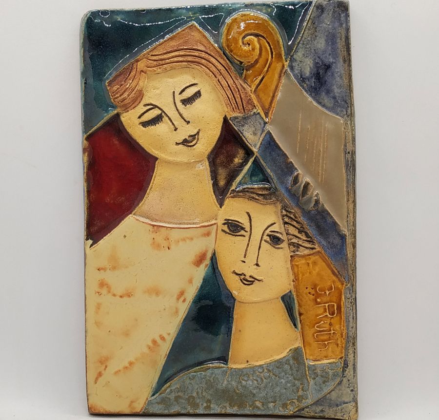 Handmade glazed ceramic tile Bathsheba enjoys David's music ,King David playing his favorite music with harp, Bathsheba enjoying.