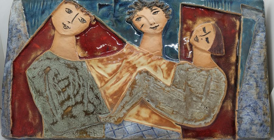 Handmade glazed ceramic Tile David Jonathan Bathsheba feet on King David's lap , Jonathan sitting behind 19.5 cm X 35.5 cm approximately.