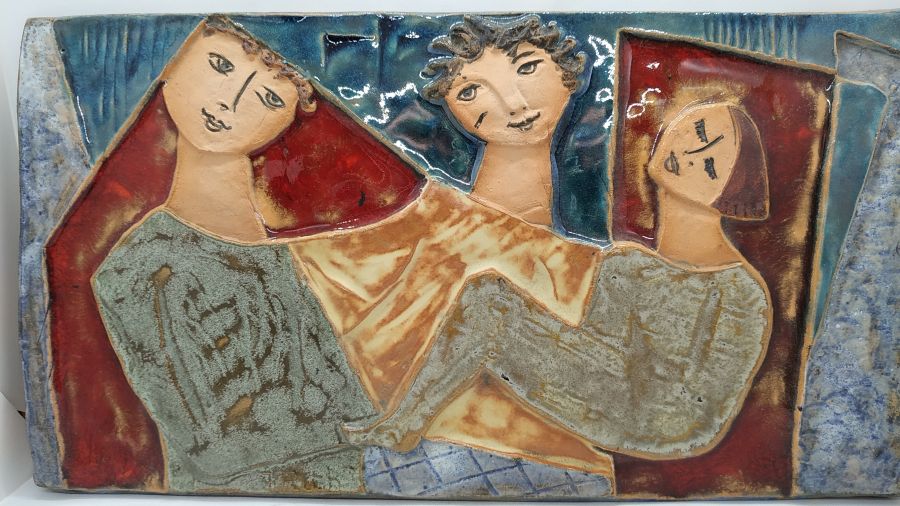 Handmade glazed ceramic Tile David Jonathan Bathsheba feet on King David's lap , Jonathan sitting behind 19.5 cm X 35.5 cm approximately.