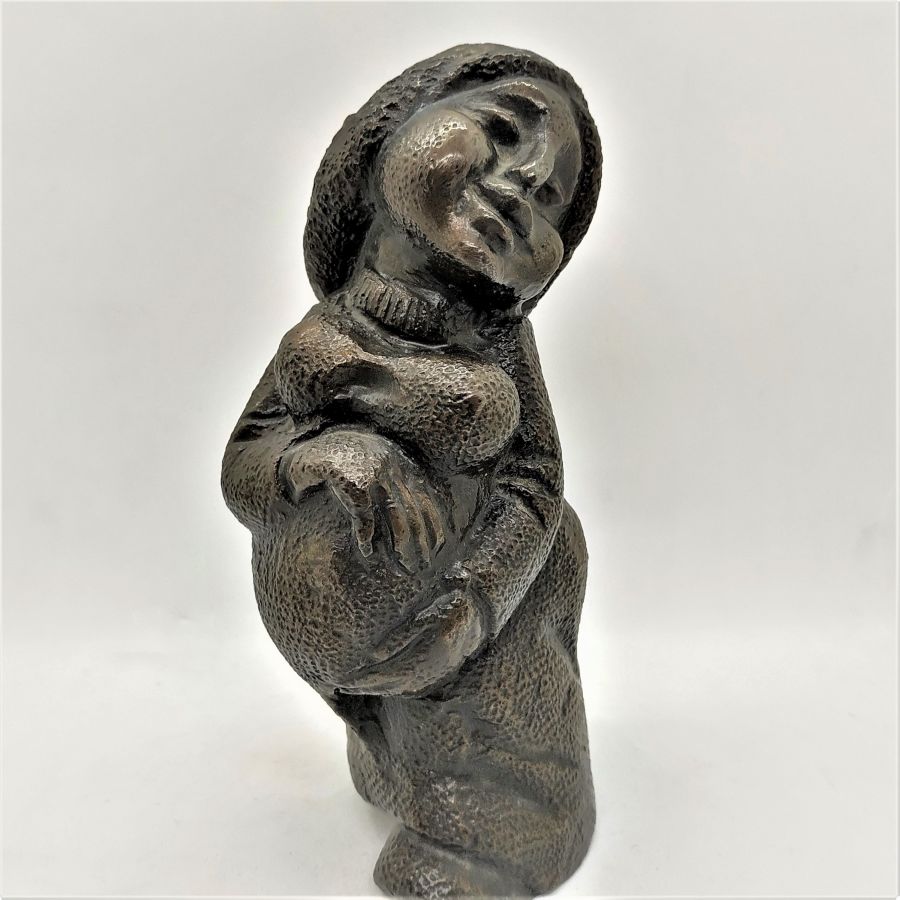 Bronze Sculpture Pregnant Lady invited to the Hasidim wedding of her relatives. Dimension 7.2 cm X 6.5 cm X 16.4 cm approximately.