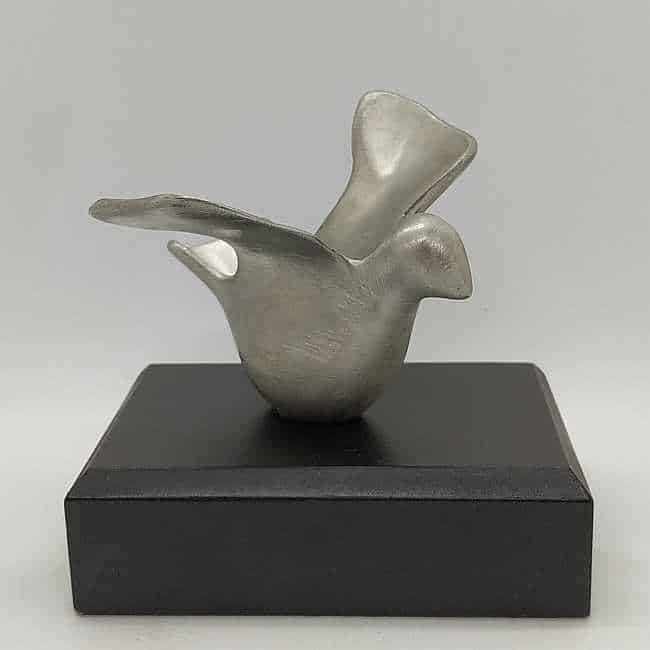 Pewter Sculpture Peace Dove handmade with real pewter modern sculpture by D.Jaron. A flying dove symbolizing peace. Dimension 8.5 cm X 5.7 cm X 7.5 cm.