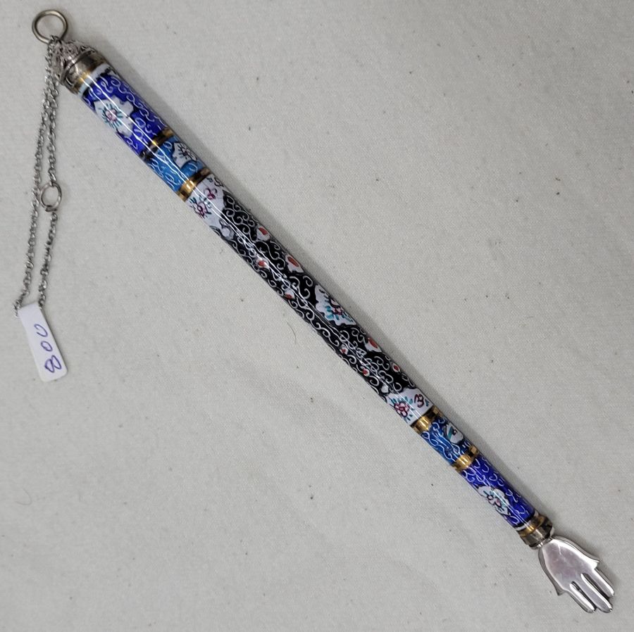 Torah Yad Pointer Enamel blue color handmade. Torah Yad Pointer Enamel handmade with painted enamel on copper & sterling silver Yemenite filigree bead.