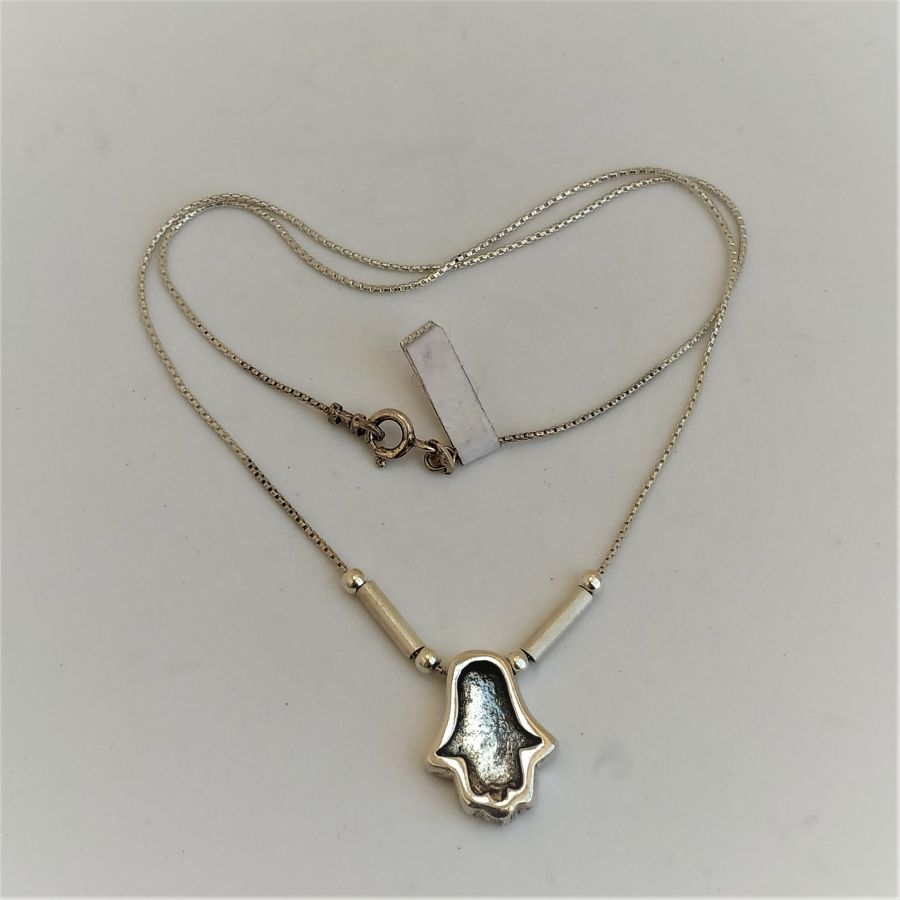 Oxidized Hamsa Silver Pendant with chain. Handmade sterling silver contemporary oxidized Hamsa with rounded box chain. Dimension chamsa 1.9 cm X 1.5 cm.