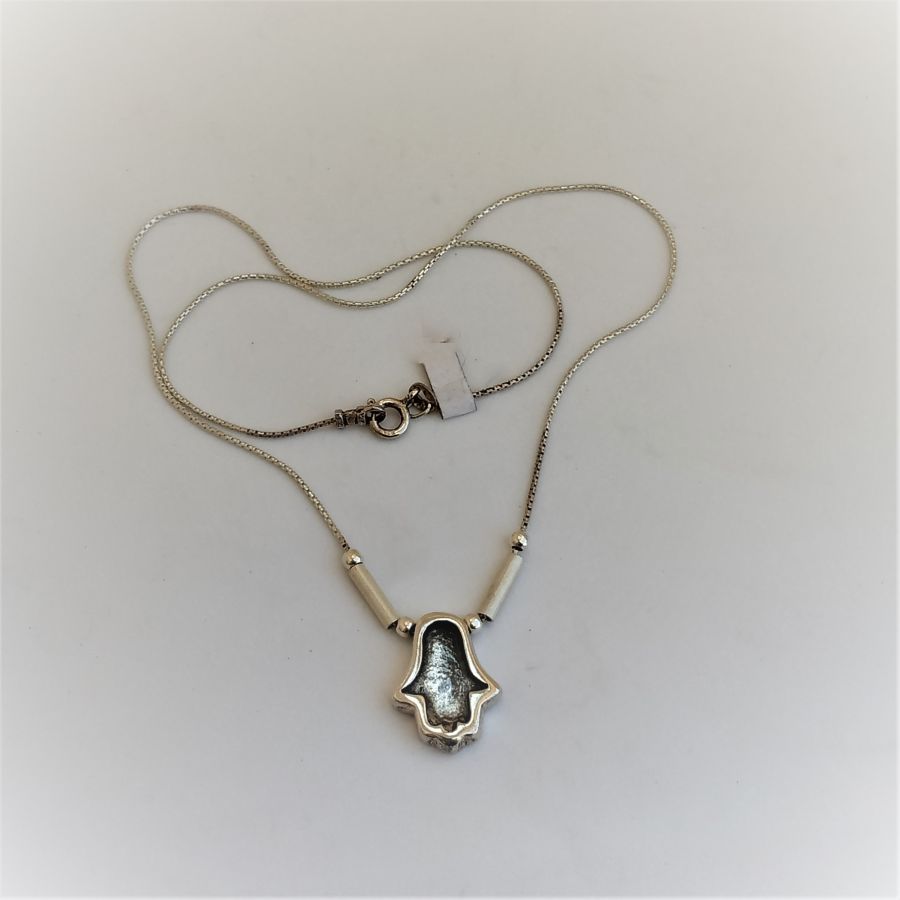 Oxidized Hamsa Silver Pendant with chain. Handmade sterling silver contemporary oxidized Hamsa with rounded box chain. Dimension chamsa 1.9 cm X 1.5 cm.
