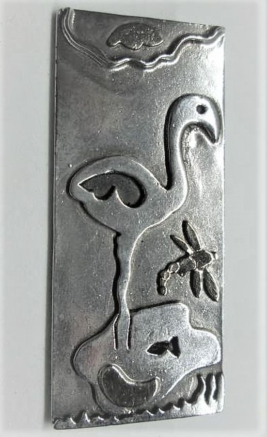 Handmade sterling silver and 14 carat gold Brooch Pendant Silver Stork and gold firefly over lake. Dimension 2.8 cm X 5.2 cm approximately.