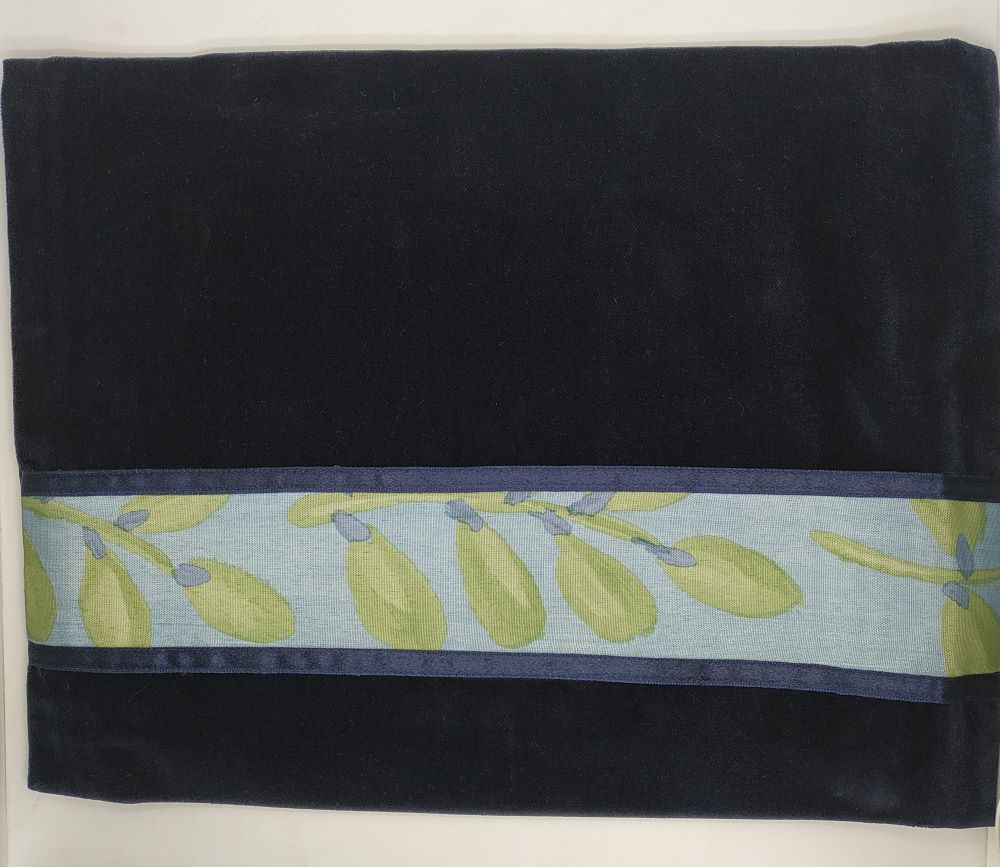 Handmade Tallit Bag Velvet Blue navy with a silk stripe with painted olive leaf. Made in Israel by Kapot Tamar.