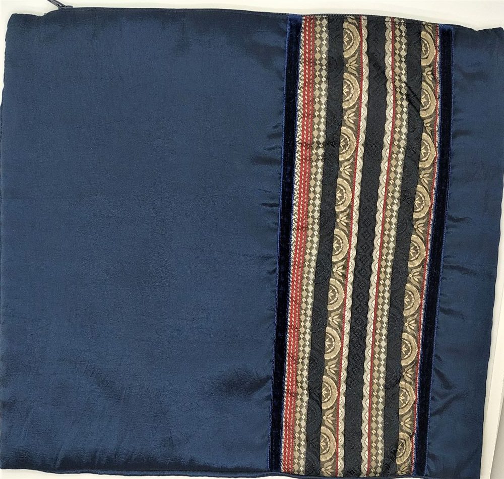 Handmade Tallit Bag Silk Blue navy with a silk stripe with ornated designs. Made in Israel. Dimension 29.5 cm X 32 cm approximately.